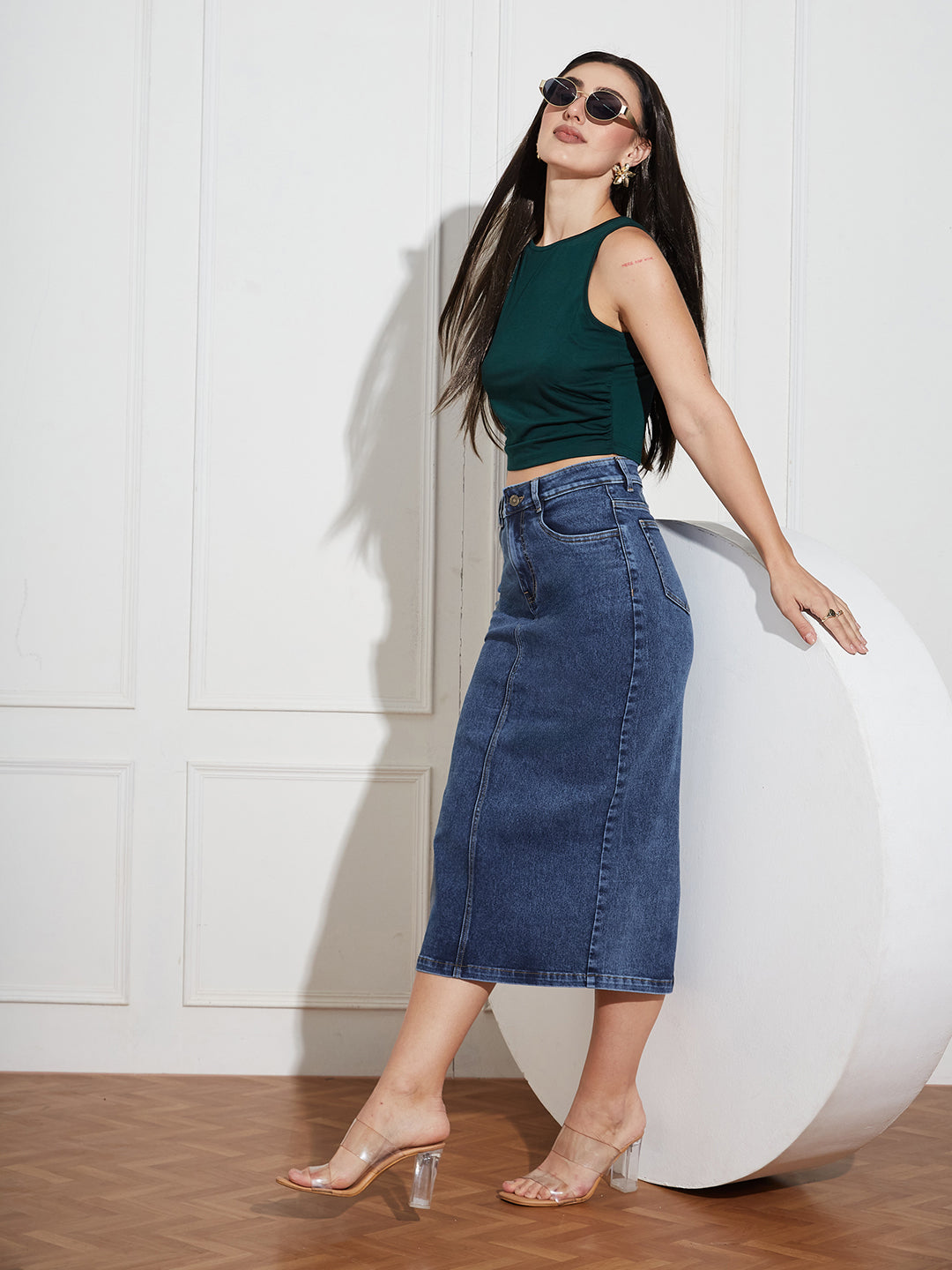 CHASEshape™ Women's Dark Blue High-Rise Stretchable Denim Midi Skirt with Back Slit – Shaping Fit