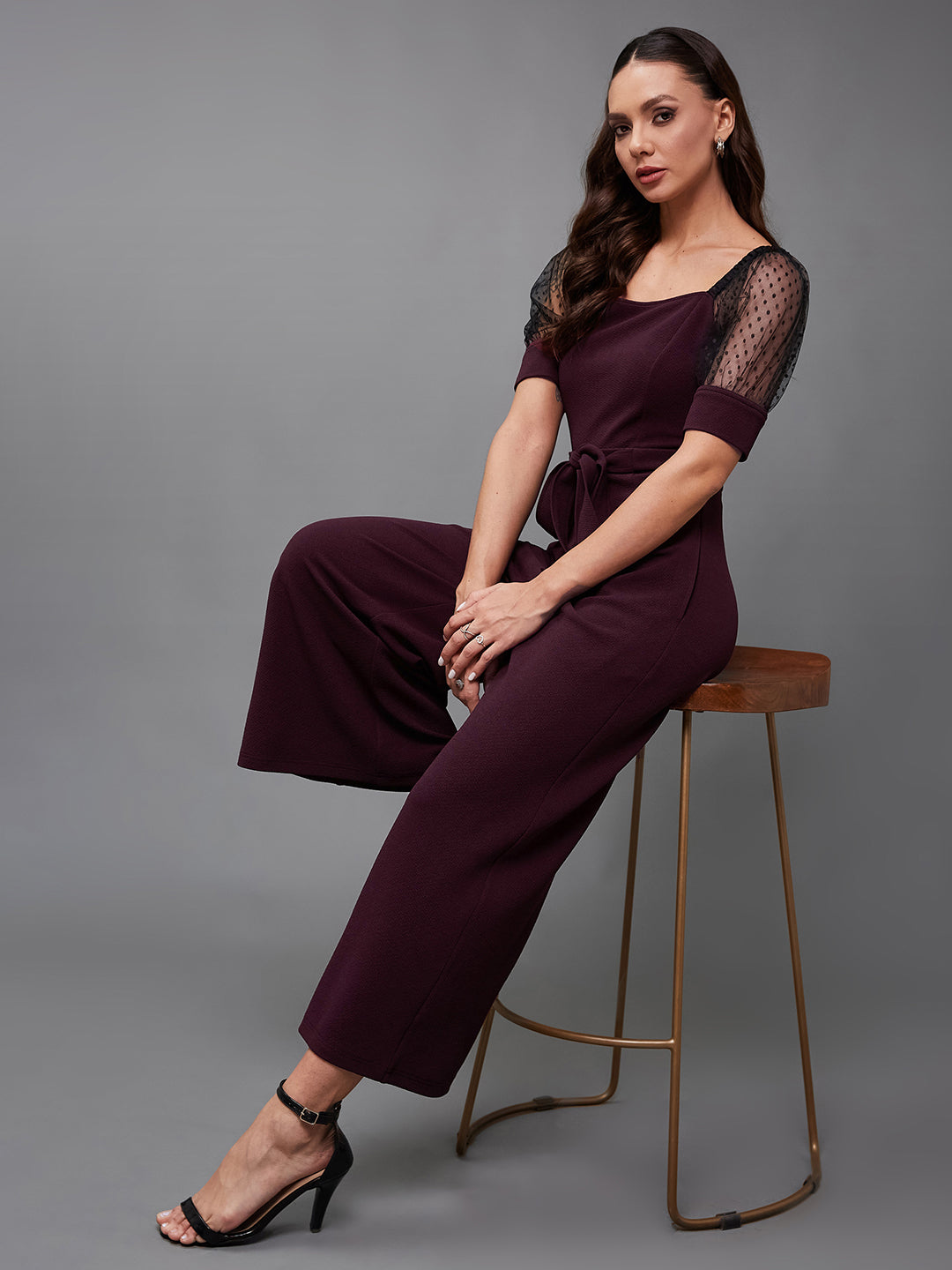 Crease Ease Women's Dark Purple & Black Solid Straight Leg Square Neck Half Sleeve Relaxed Fit Jumpsuit