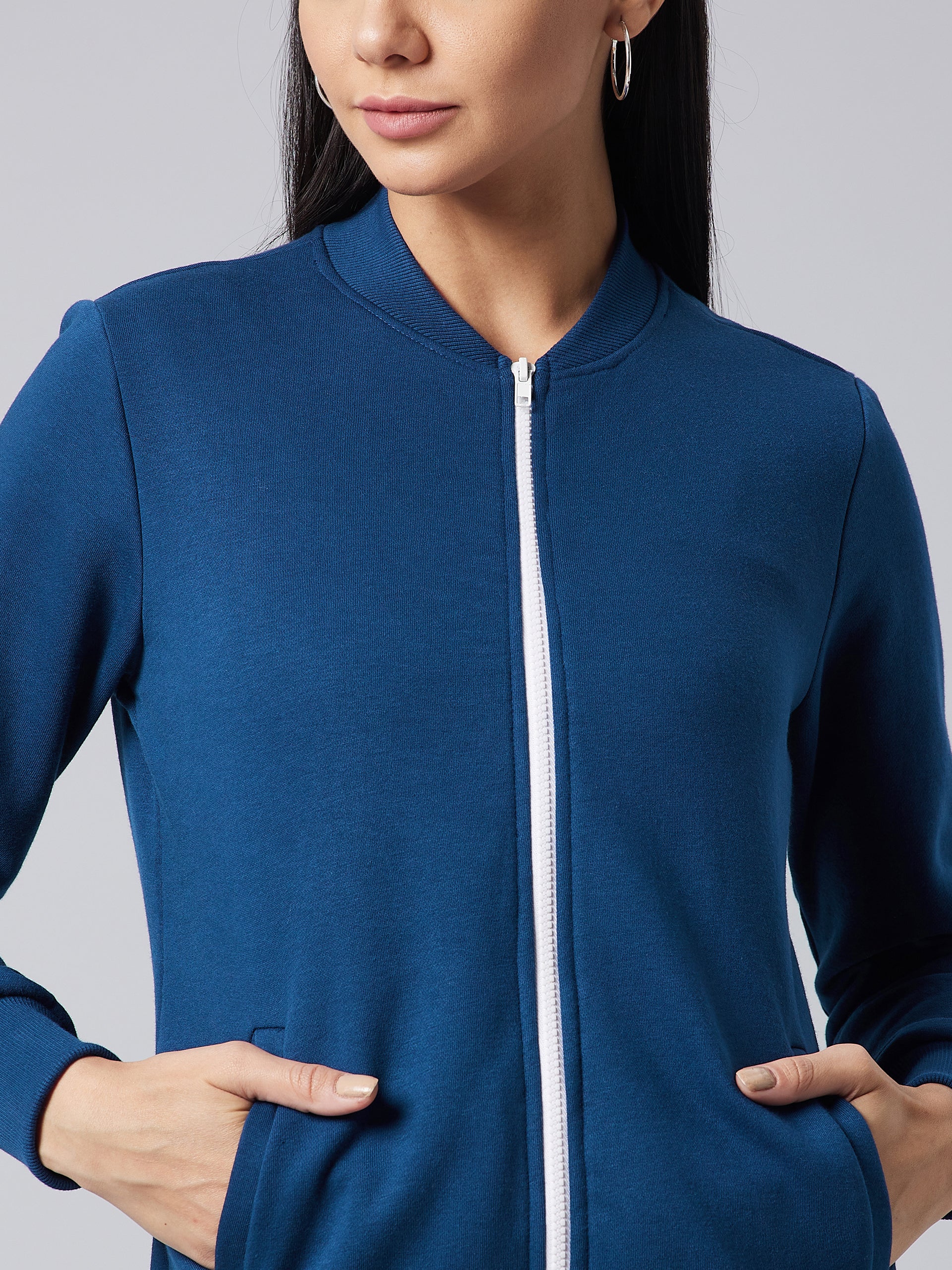 Women's Navy-Blue Round Neck Full Sleeve Solid Bomber Regular Jacket