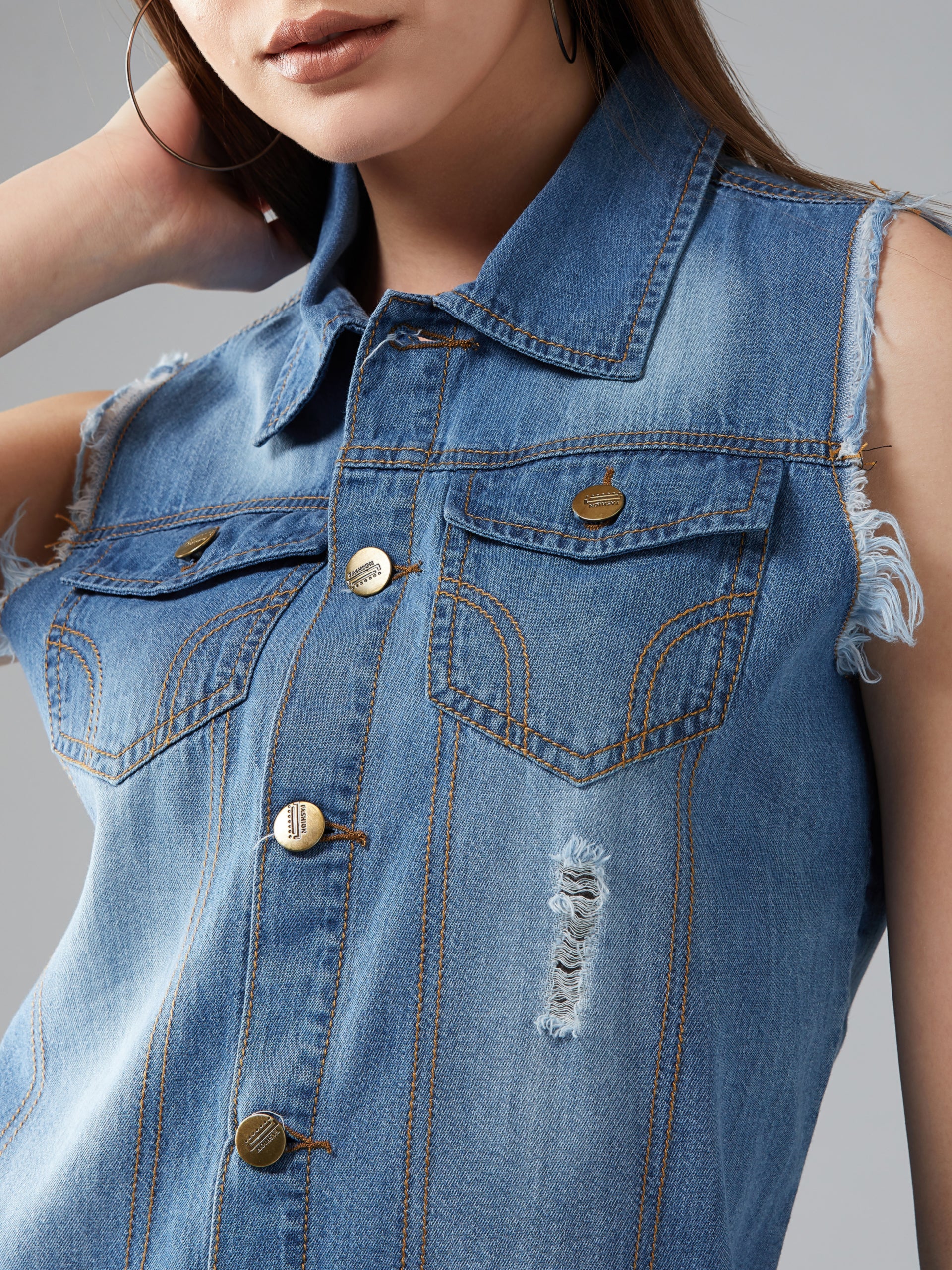 Women's Blue Polo Neck Sleeveless Denim Solid with Fringe Edge Detailing Jacket