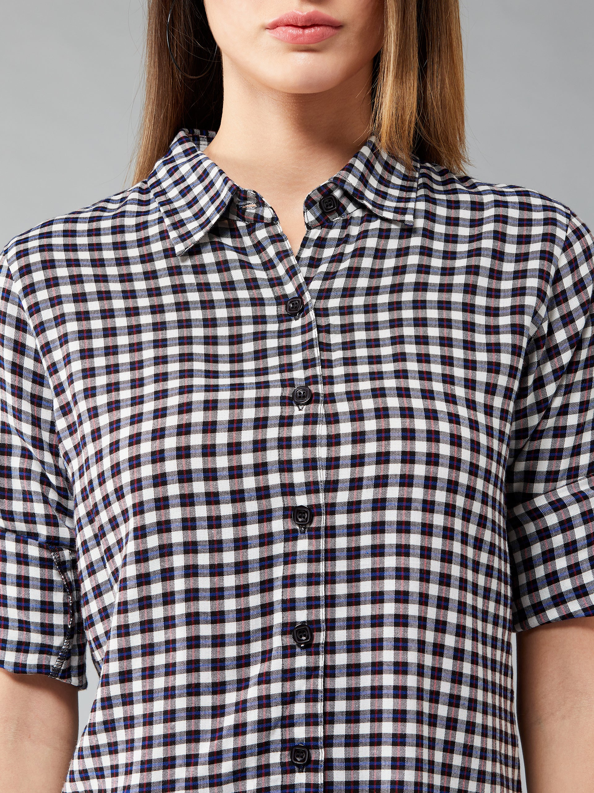 Women's Multicolored-Base-Navy Blue Round Neck Full Sleeve Checkered Basic Regular Length Shirt