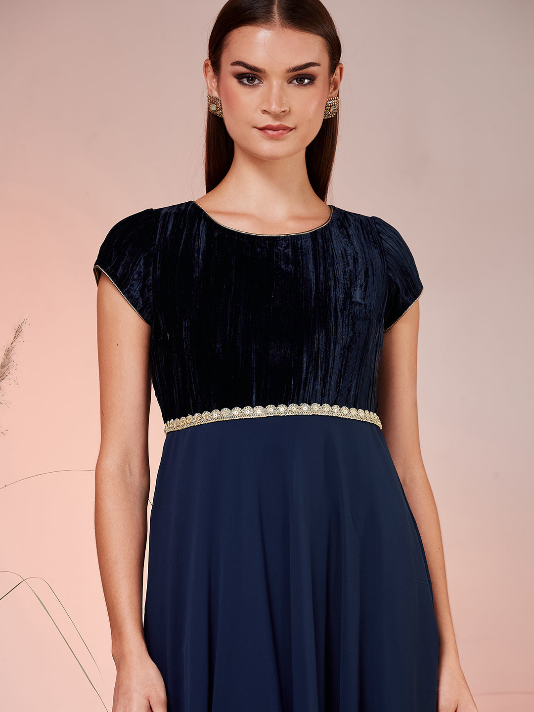 Women’s Navy-Blue Round Neck Short Sleeve Solid Fit & Flare Maxi Georgette Dress for Women