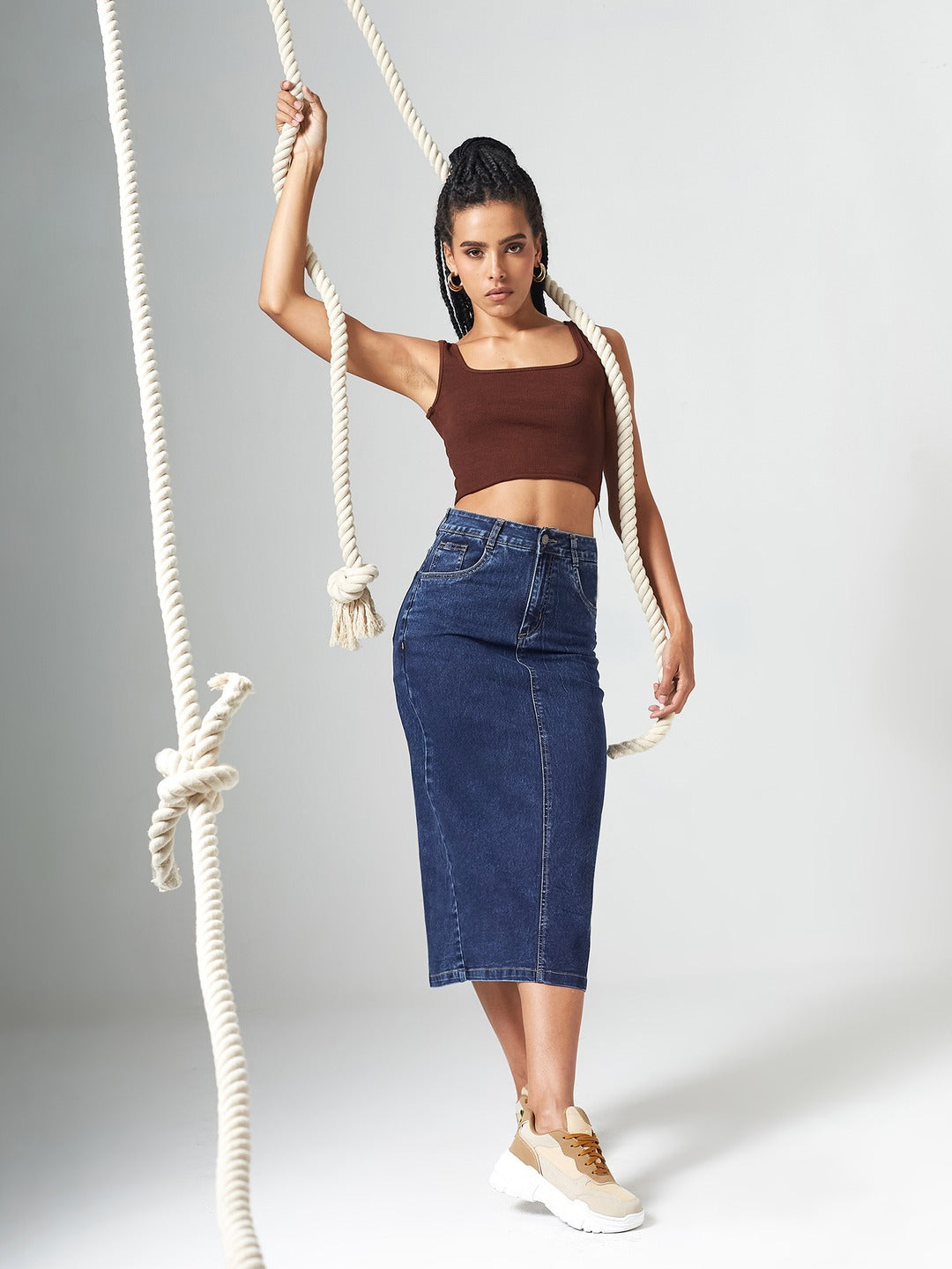 CHASEshape™ Dark Blue High-Rise Stretchable Denim Midi Skirt with Back Slit for Women