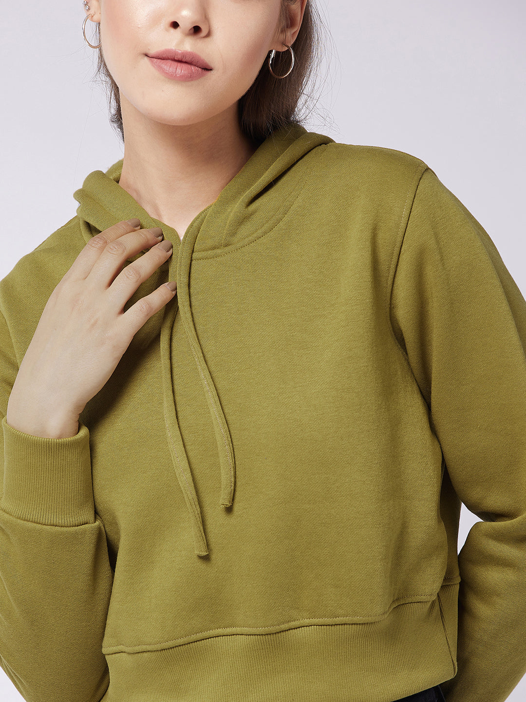 Women's Olive Round Neck Full Sleeve Solid Hooded Crop Sweatshirt