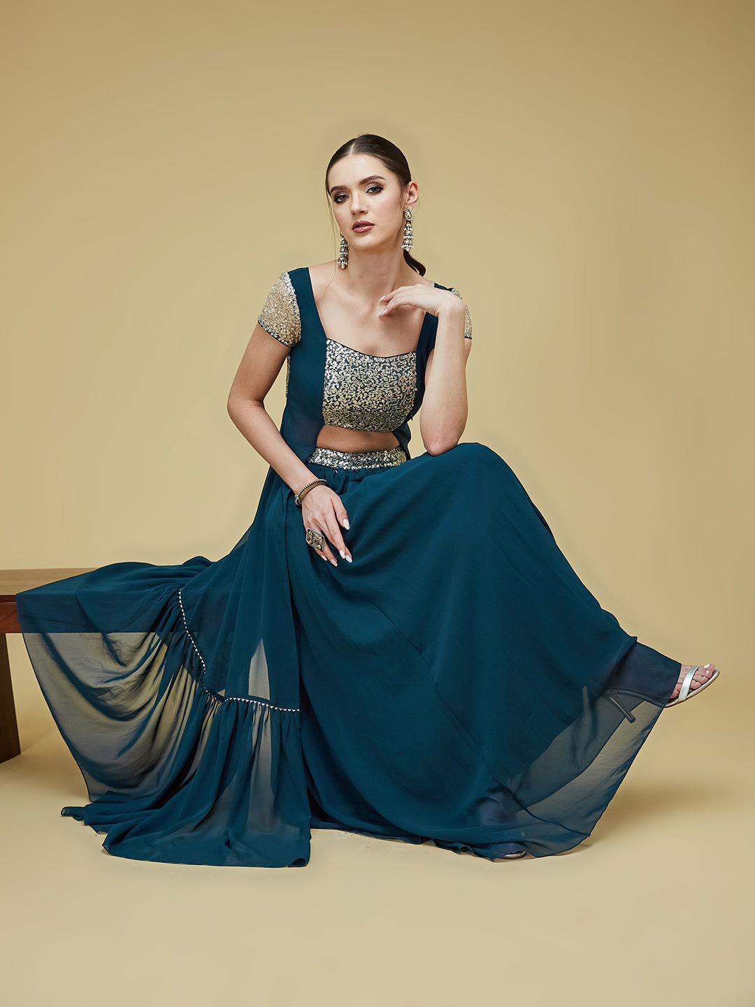 Women's Teal Embellished Square Neck Short Sleeves Waist Band Pocketed Tiered Maxi Co-Ord Set.