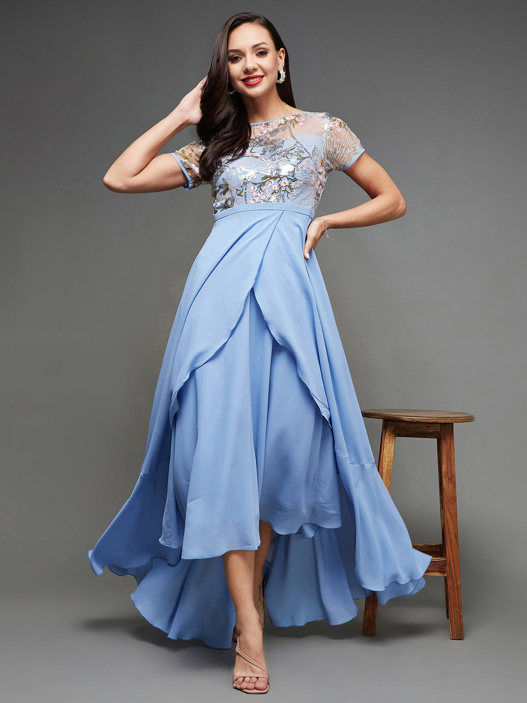 Women's Multicolored-Base-Sky Blue Round Neck Short Sleeve Floral Layered Georgette Midi Dress