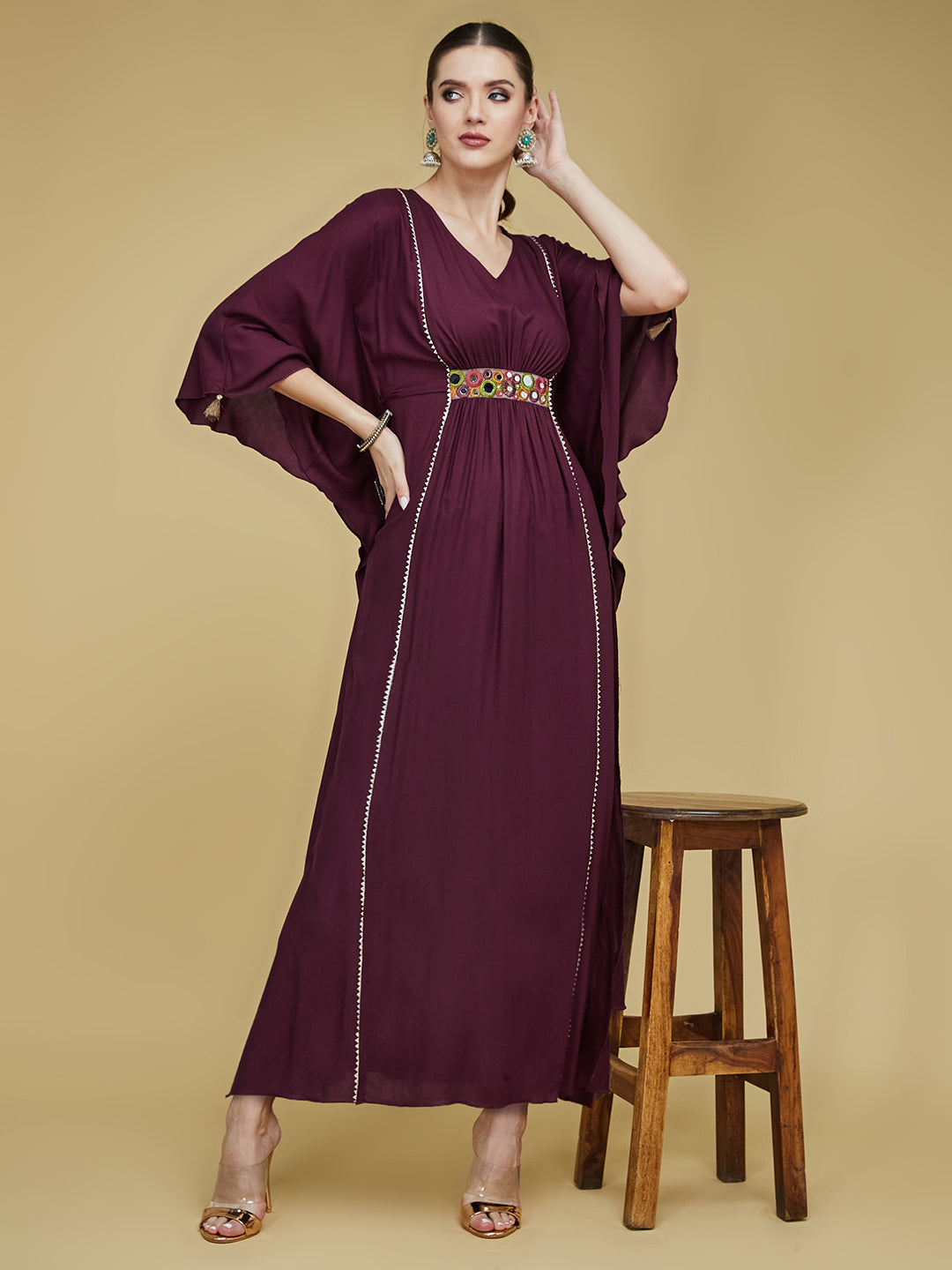 Women's Wine V-Neck 3/4 Sleeve Solid Viscose Rayon Maxi Kaftan Dress