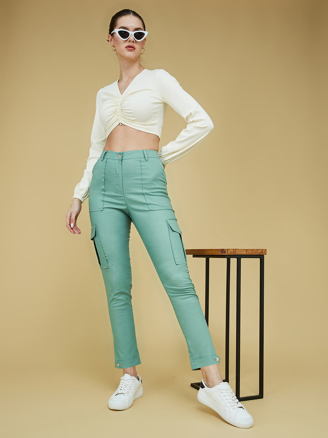 Women's Turquoise Solid Polyester High Waist Regular Length Trouser