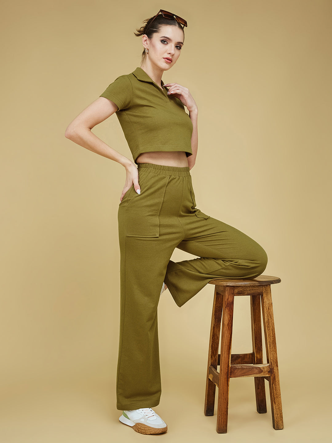 Women'S Olive Green Shirt Collar Short Sleeve Solid Regular-Length Cotton Sporty Co-Ord Set