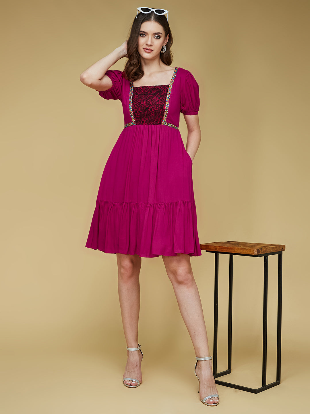 Women's Dark Pink Embroidered Lace Overlaid Square Puff Sleeve Viscose Rayon Knee-Length Dress