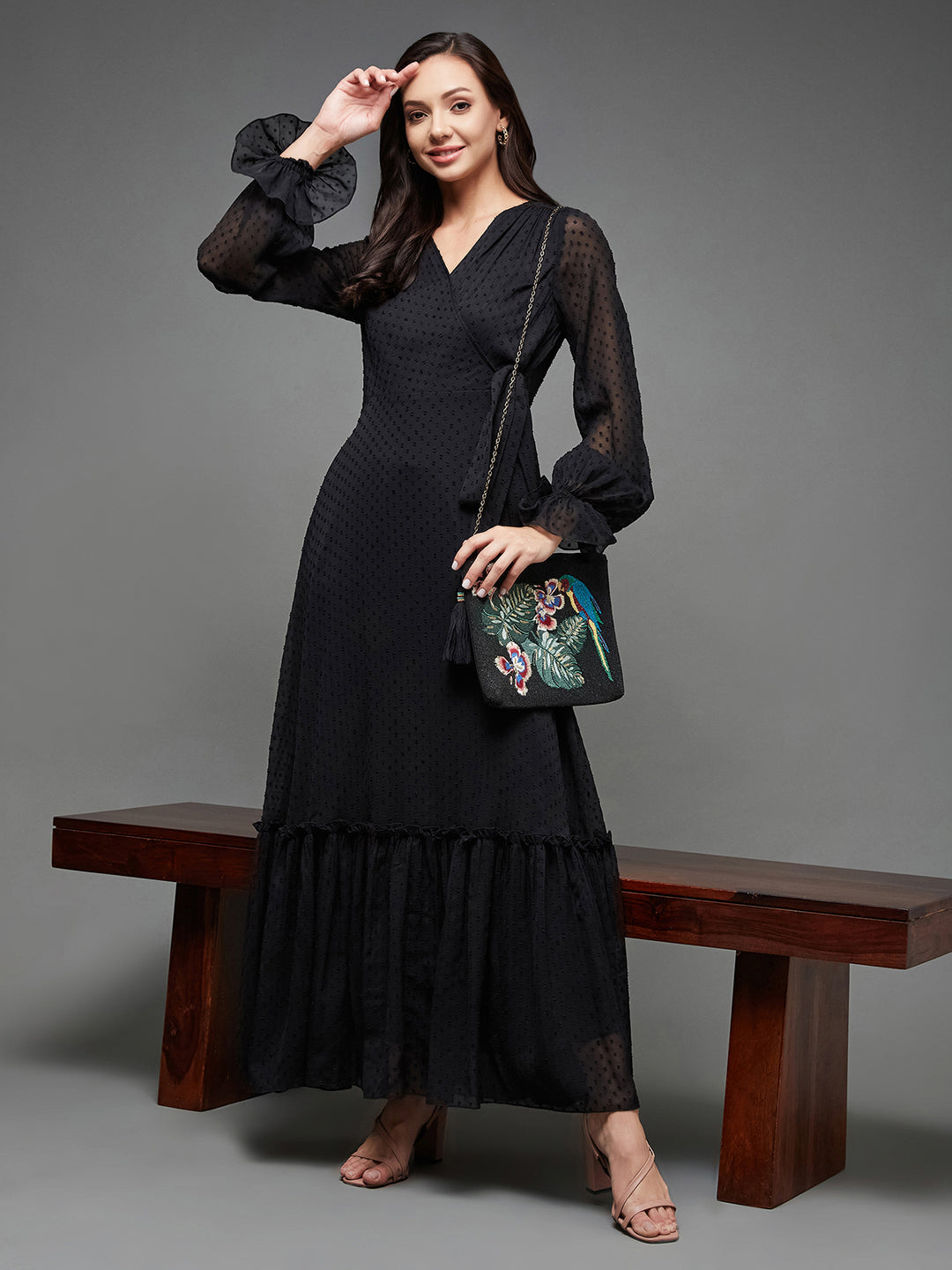 Women's Black Self Design V-Neck Bishop Sleeves Chiffon Wrap Maxi Dress