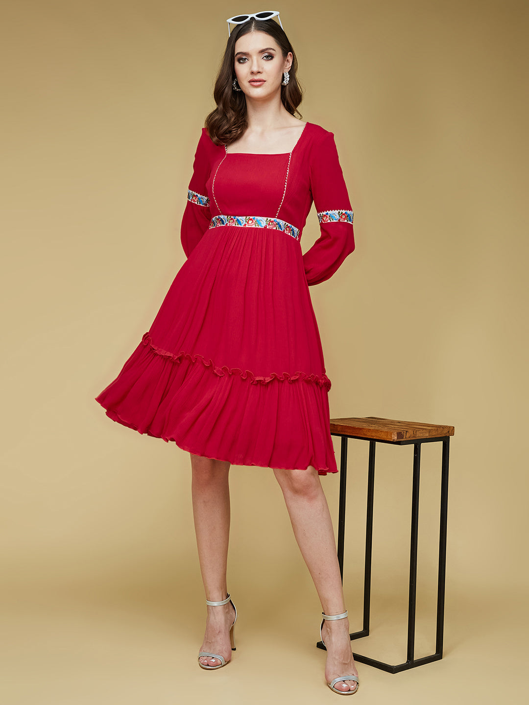 Women's Red Square Neck Bishop Sleeve Viscose Rayon Solid Gathered Midi Dress