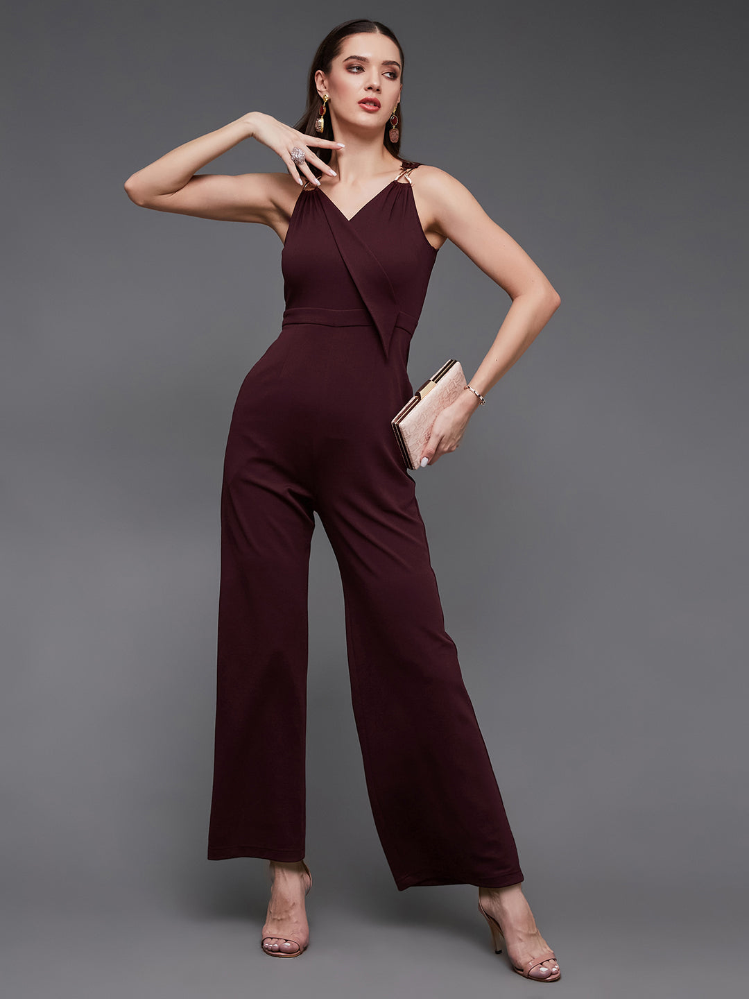 Crease Ease Women's Wine V-Neck Sleeveless Solid Wrap Regular Jumpsuit