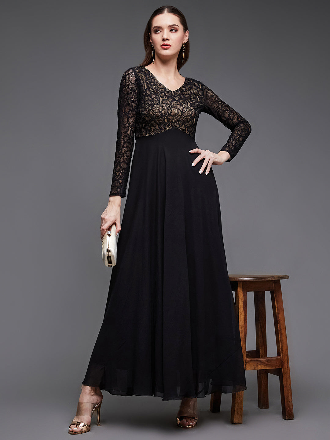 Women's Black V-Neck Full Sleeve Self Design Lace-Overlaid Georgette Maxi Dress