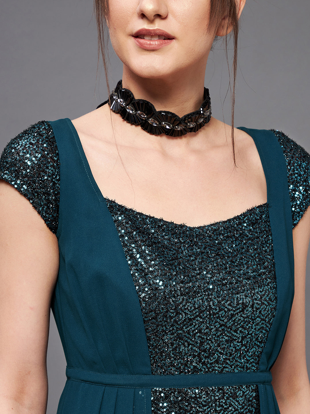 Ax Paris Sequin Choker Short Sleeve Dress With Choker Black Sequin