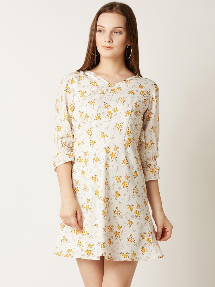 Multicolored V-Neck 3/4 Sleeve Floral Ruffled Mini Skater Dress for Women