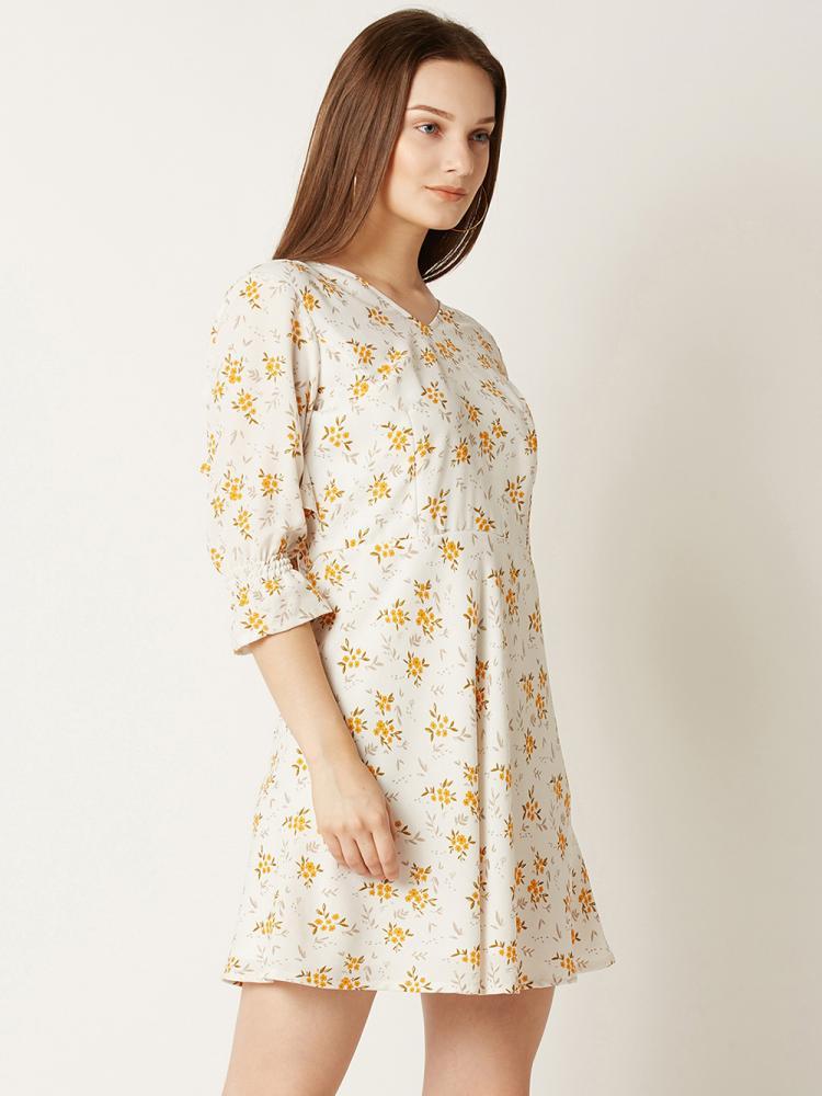 Multicolored V-Neck 3/4 Sleeve Floral Ruffled Mini Skater Dress for Women — Miss Chase