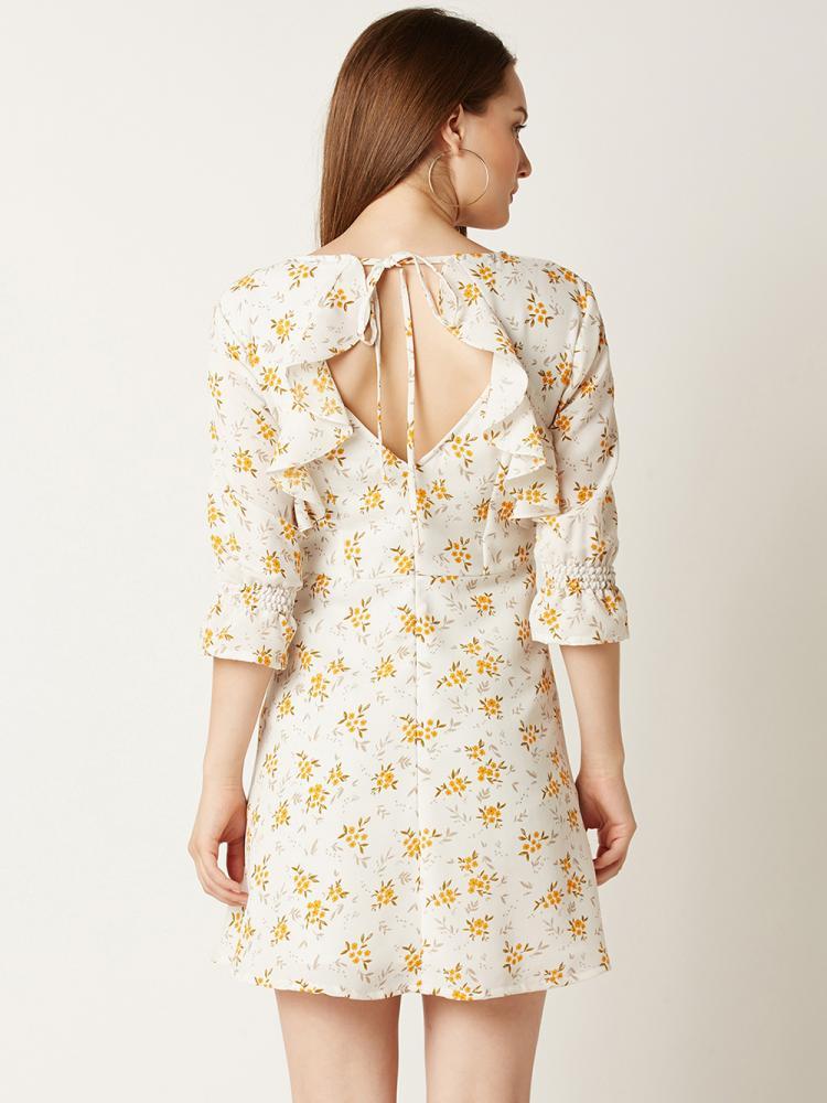Multicolored V-Neck 3/4 Sleeve Floral Ruffled Mini Skater Dress for Women — Miss Chase