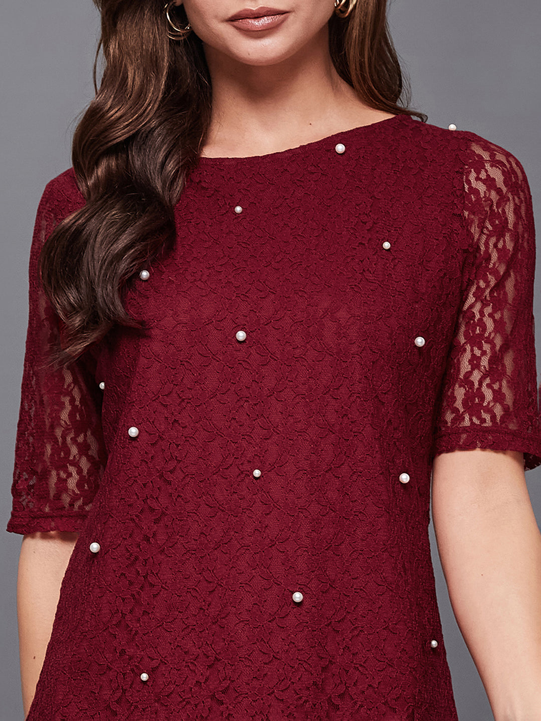 Women's Maroon Round Neck Half Sleeves Cotton Solid Lace And Pearl Detailing Top