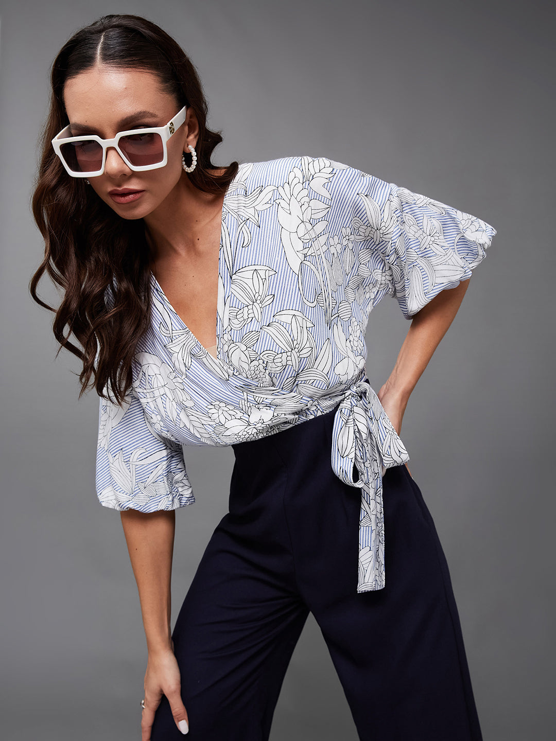 Women's Multicolored Base Navy Blue V-Neck 3/4 Sleeve Floral Wrap-Styled Jumpsuit