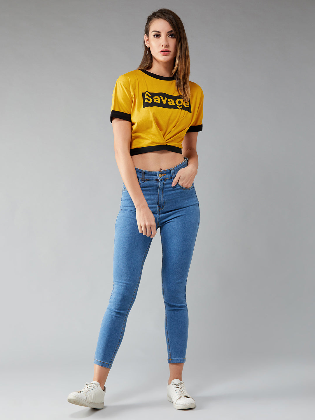 Women's Mustard and Black Round Neck Short Sleeve Printed Cropped T-Shirt