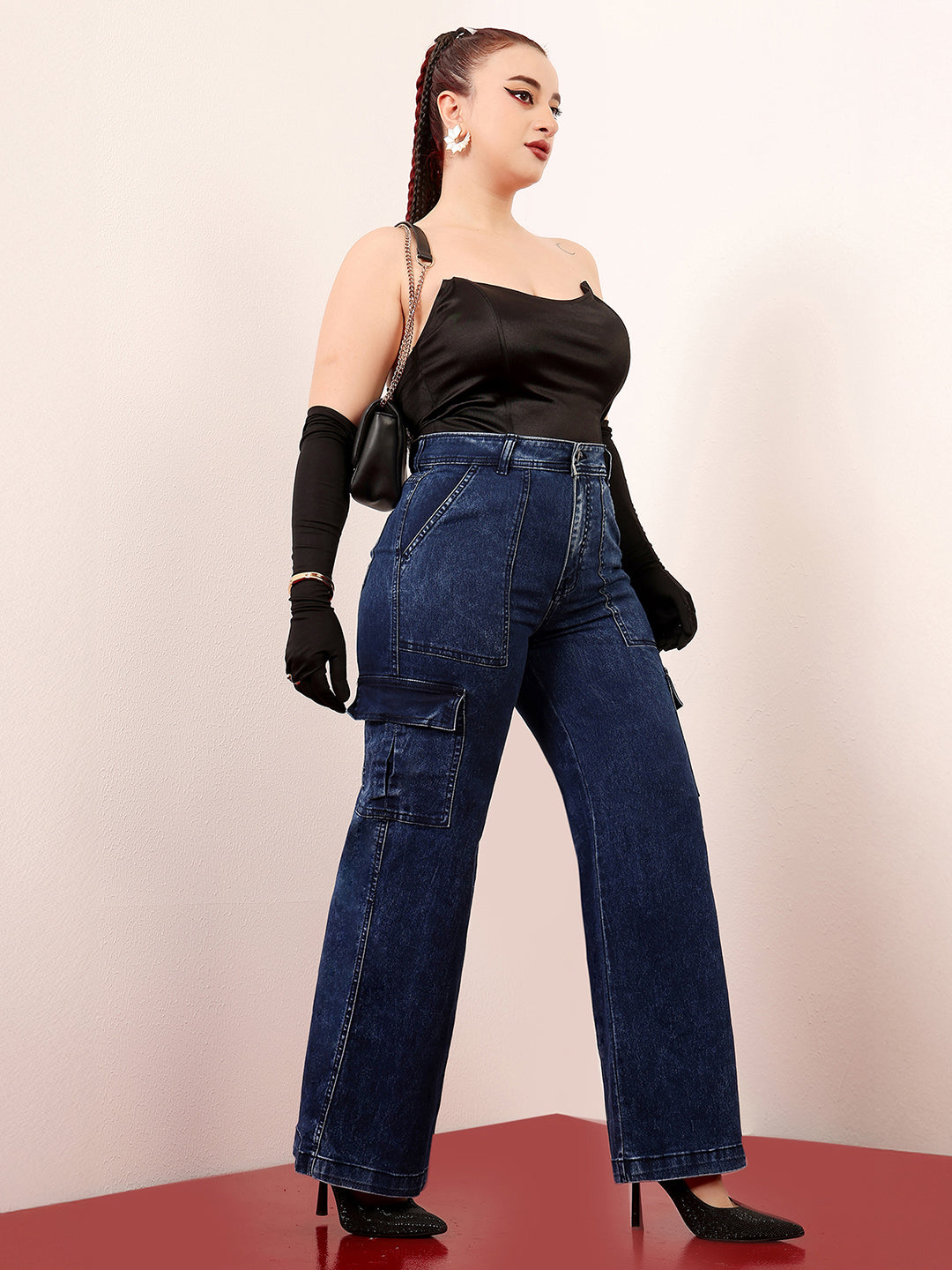 Women's Blue Wide-Leg High-Rise Clean-Look Stretchable Denim Cargo Jeans