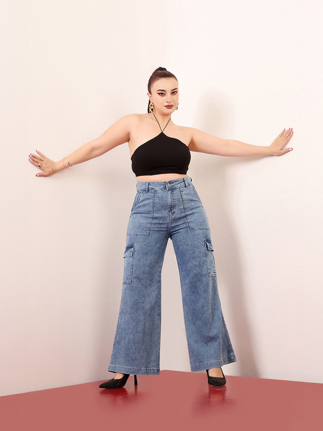 Women's Mid Blue Wide-Leg High-Rise Clean-Look Regular-Length Stretchable Cargo Denim Jeans