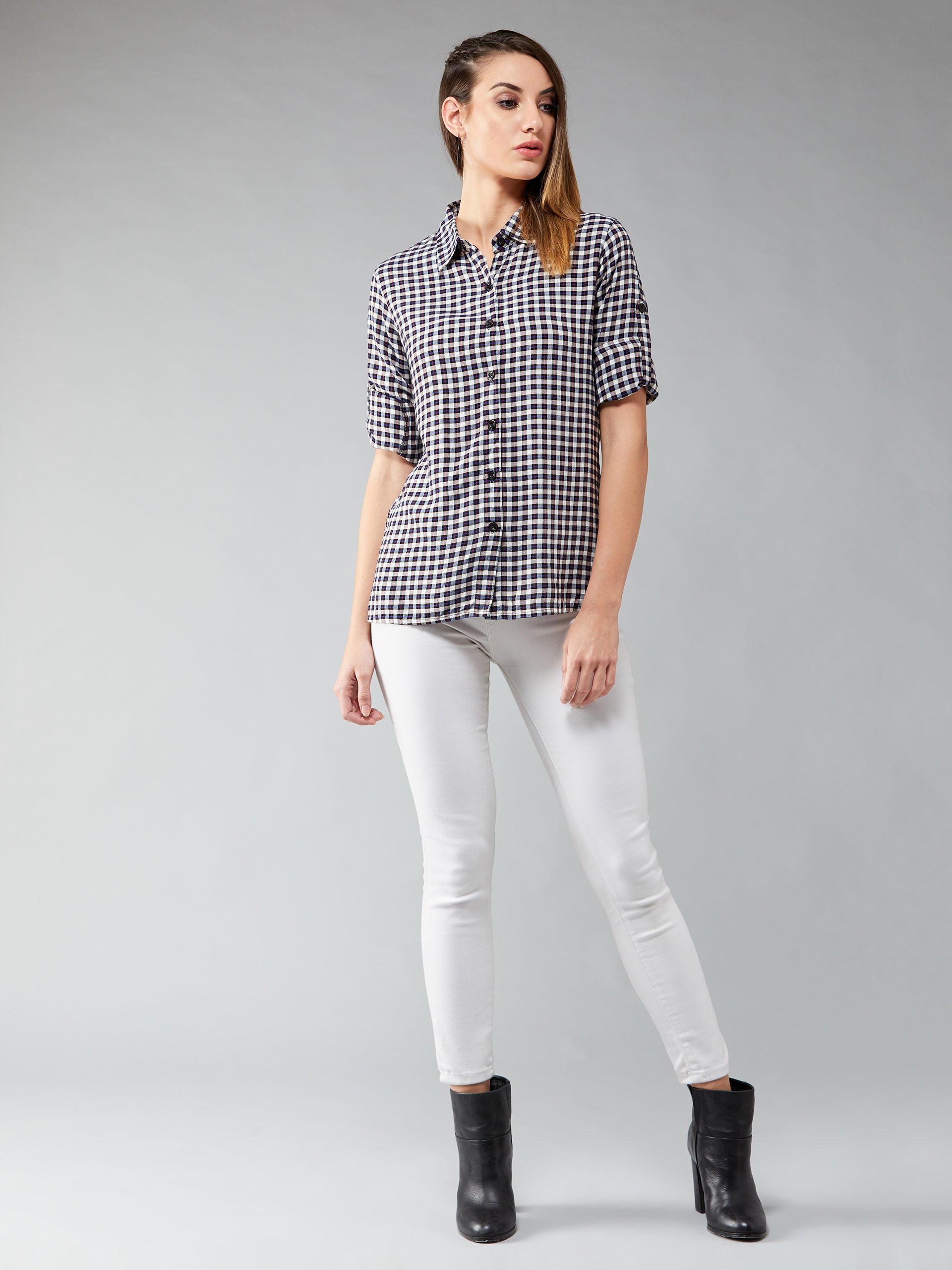Women's Multicolored-Base-Navy Blue Round Neck Full Sleeve Checkered Basic Regular Length Shirt