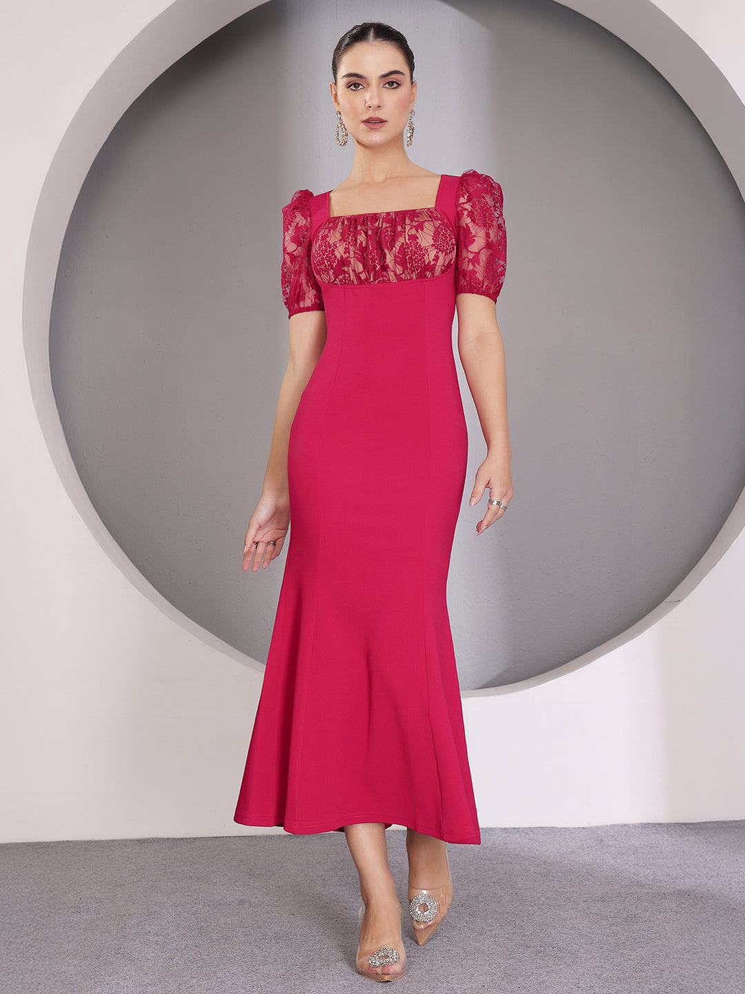 Women's Dark Pink Square Puff Sleeve Solid Lace Overlaid Ankle Length Dress