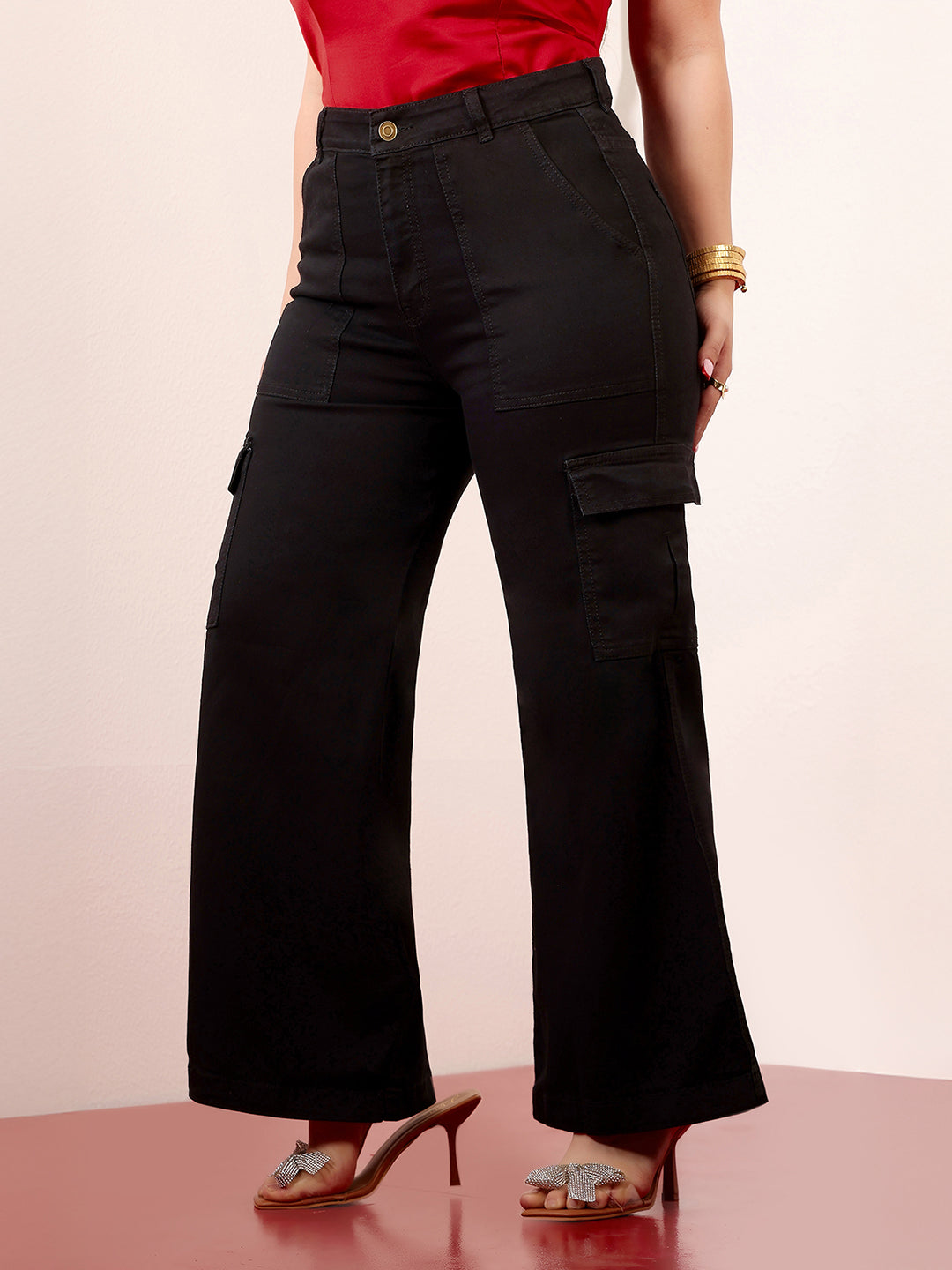 24/7 Comfort Black Wide-Leg High-Rise Clean-Look Stretchable Denim Cargo Jeans