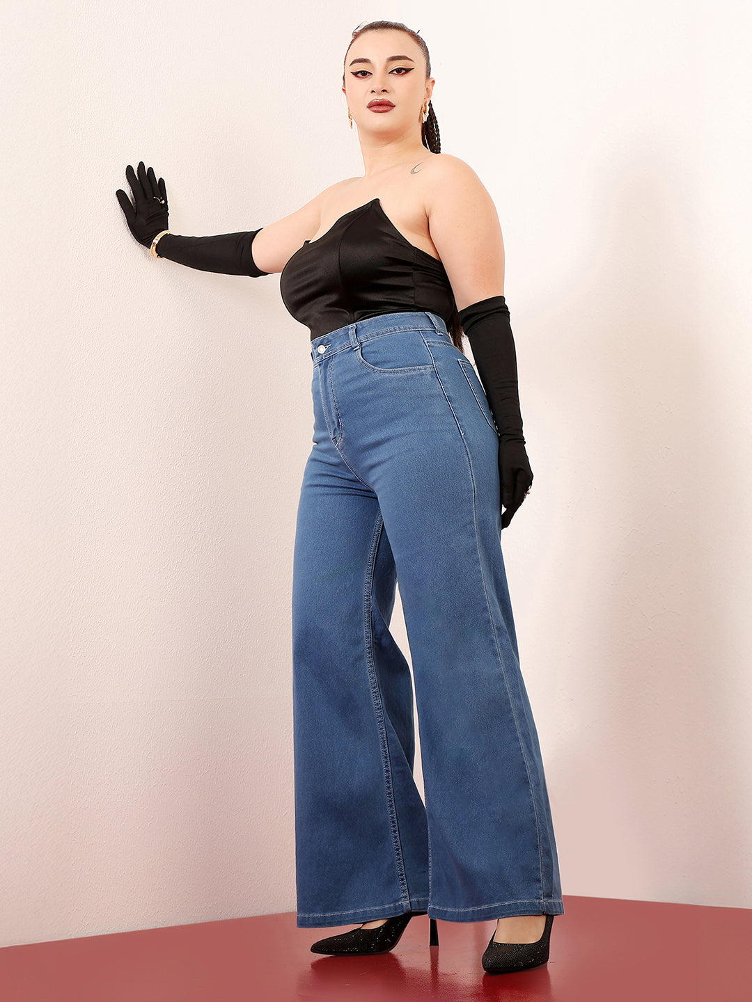 24/7 Comfort Blue Wide-Leg High-Rise Clean-Look Stretchable Denim Jeans