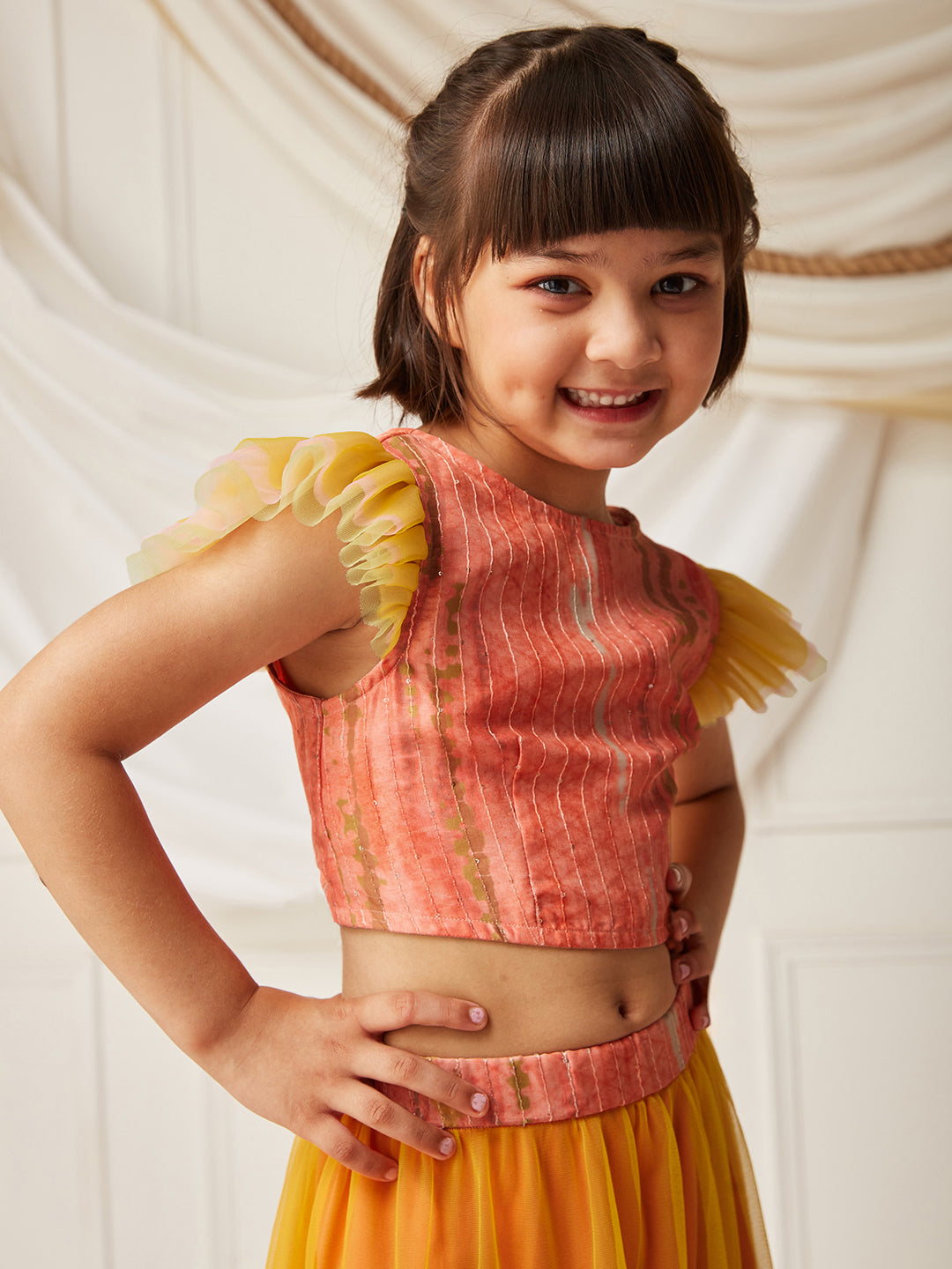 Multicolored-Base-Peach Round-Neck Frilled Sleeve Embellished Fit & Flare Regular Fusion Set