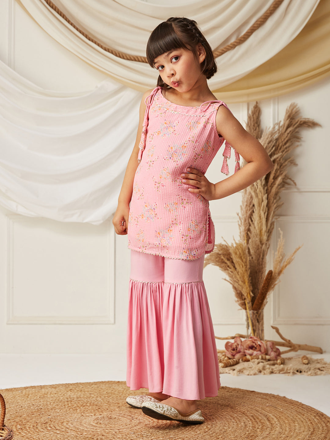 Multicolored-Base-Bubblegum Pink Round Sleeveless Embellished Kurta Set