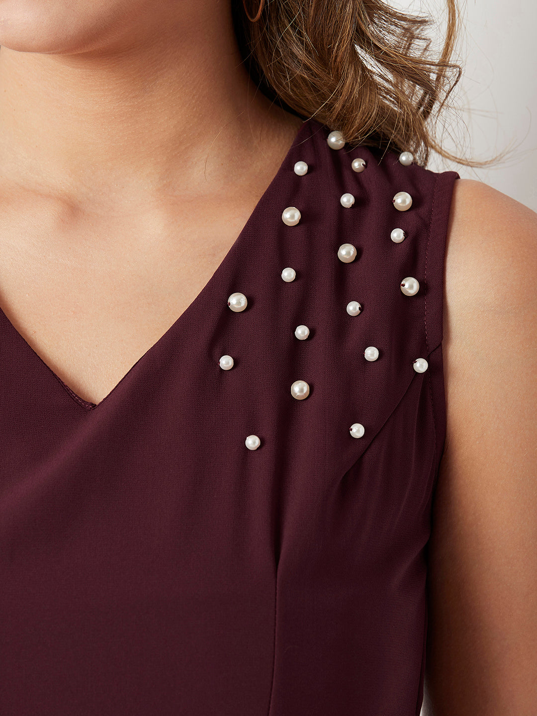 Maroon V-Neck Sleeveless Solid Pearl Detailing Knee-Long High-low Skater Dress for Women — Miss Chase