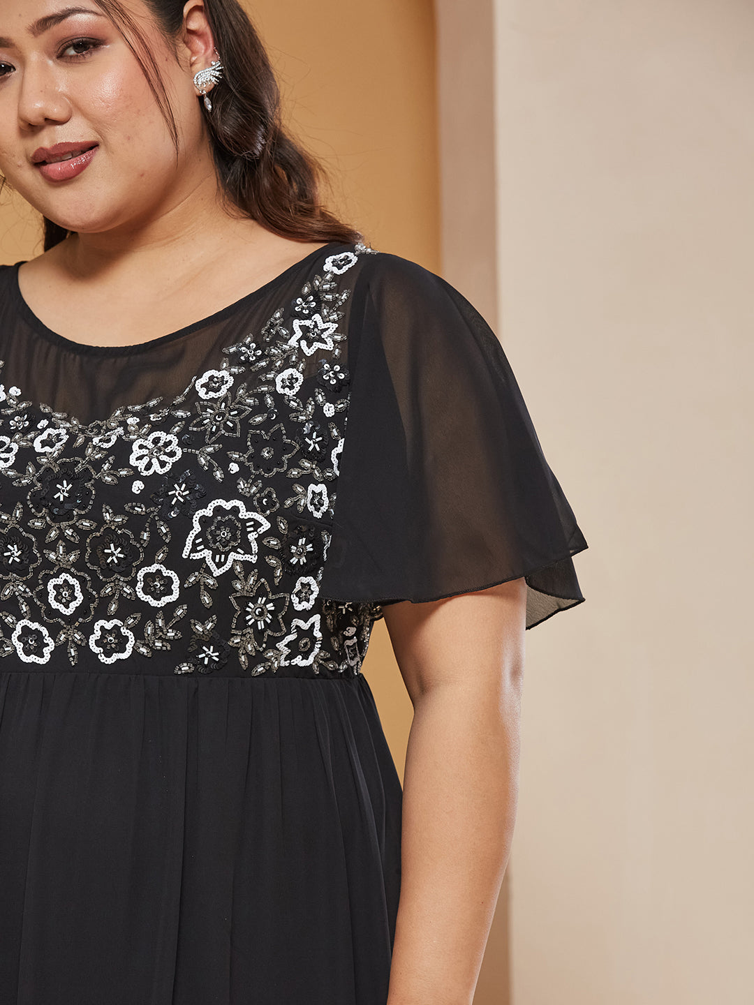 Black Embellished Gathered Maxi Dress for Women