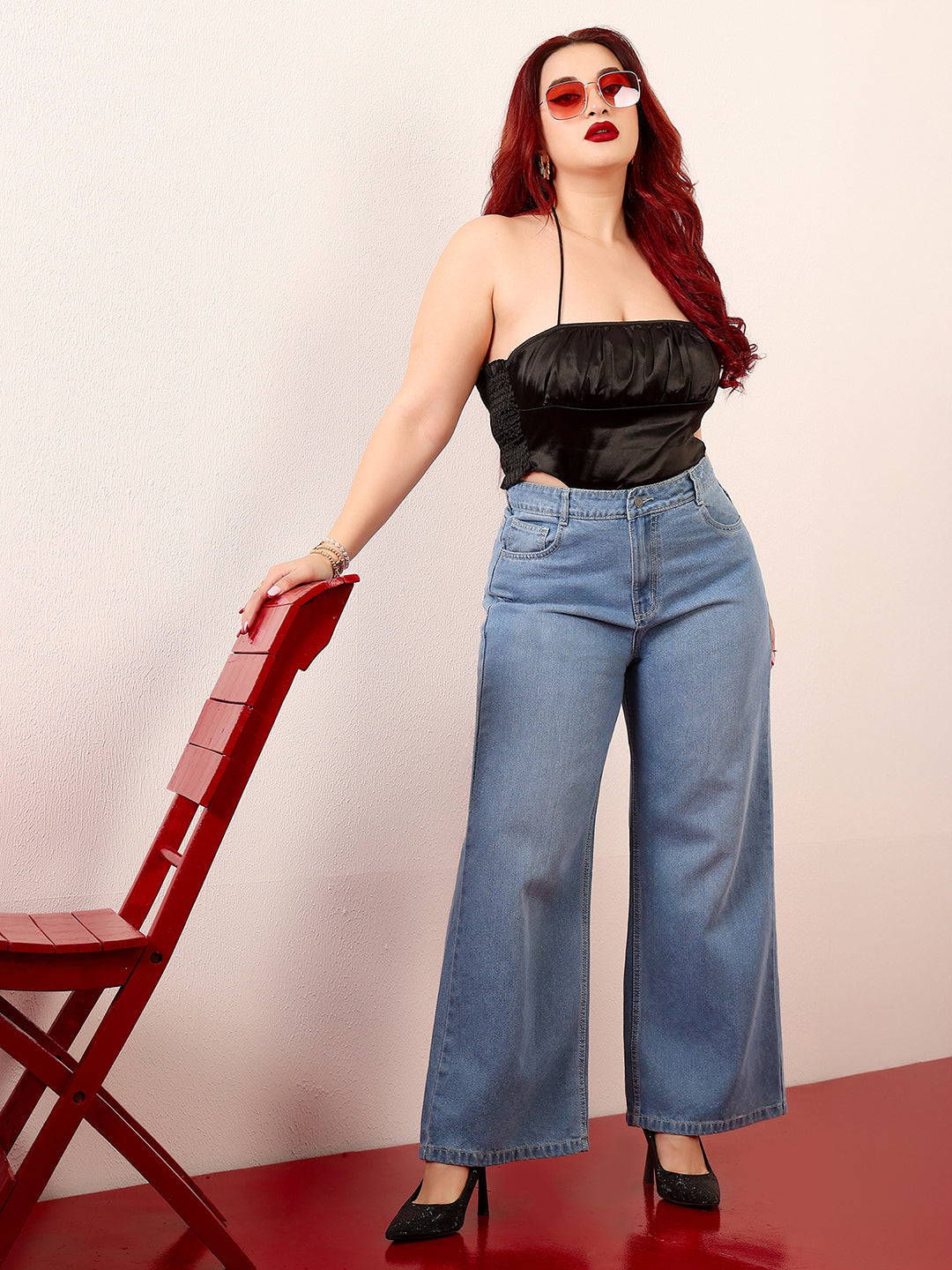 Women's Light Blue Wide-Leg High-Rise Clean-Look Regular-Length Non-stretchable Denim Jeans