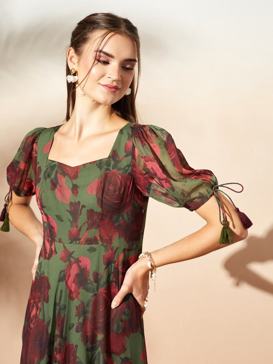 Olive And Wine Sweetheart Neck Puff Sleeve Floral Tiered Maxi Chiffon Dress for Women