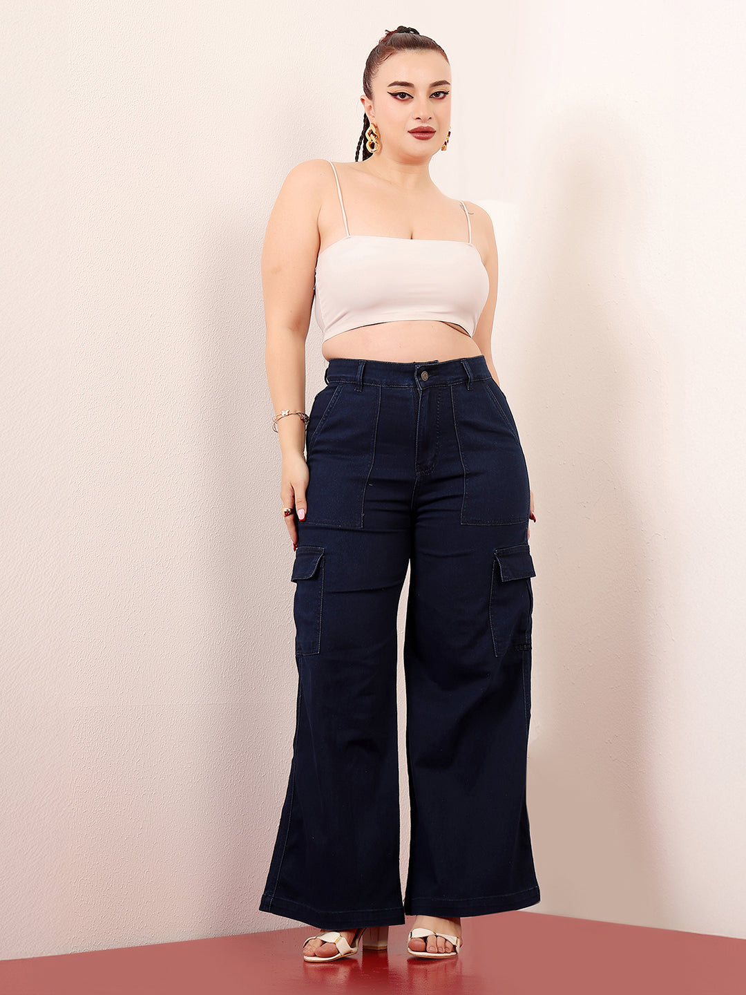 Women's Navy Blue Wide-Leg High-Rise Clean-Look Stretchable Denim Cargo Jeans