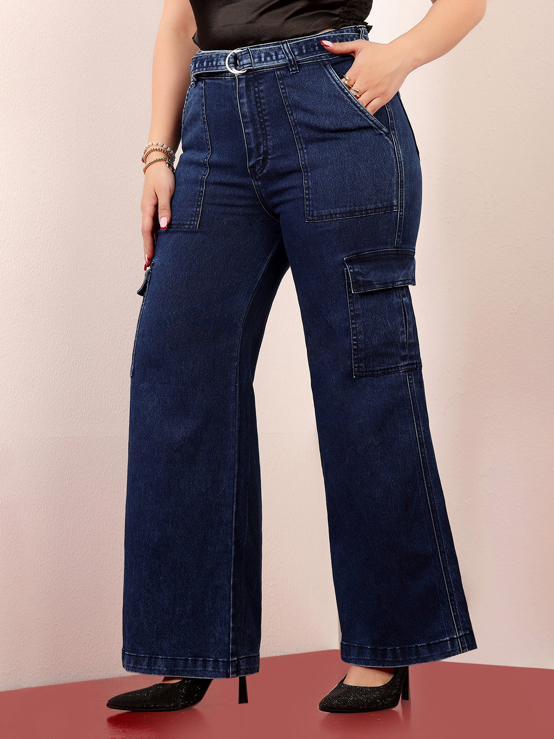 24/7 Comfort Blue Wide-Leg High-Rise Clean-Look Stretchable Cargo Denim Jeans