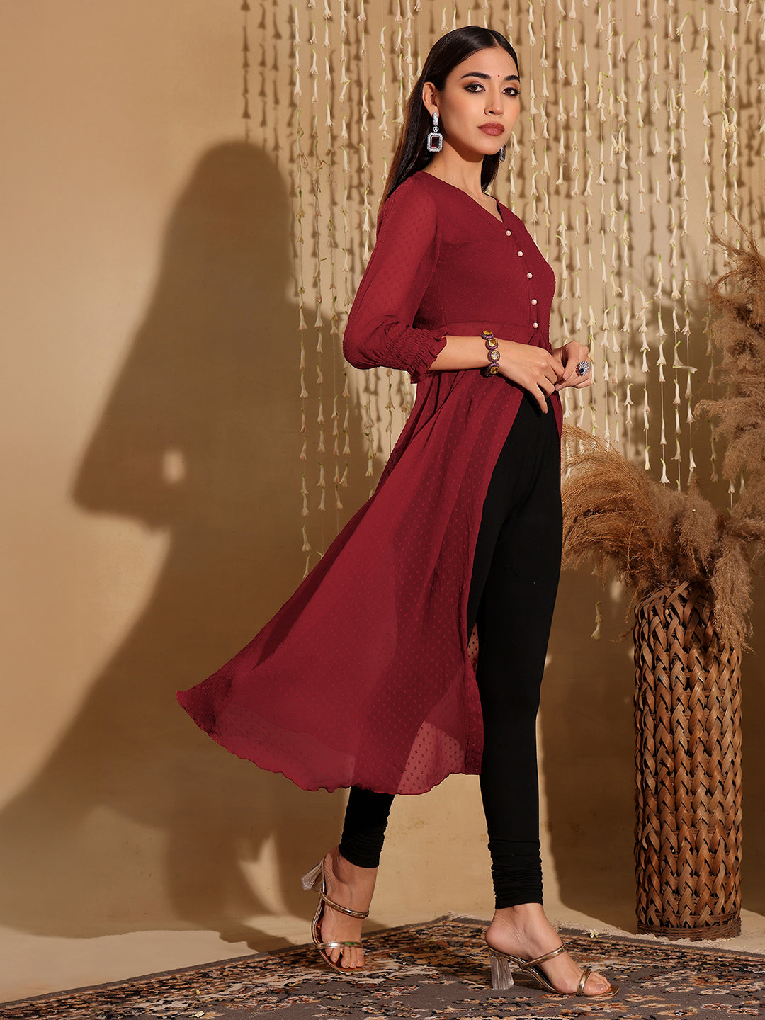 Women's Maroon V-Neck 3/4 Sleeves solid empire Maxi Top