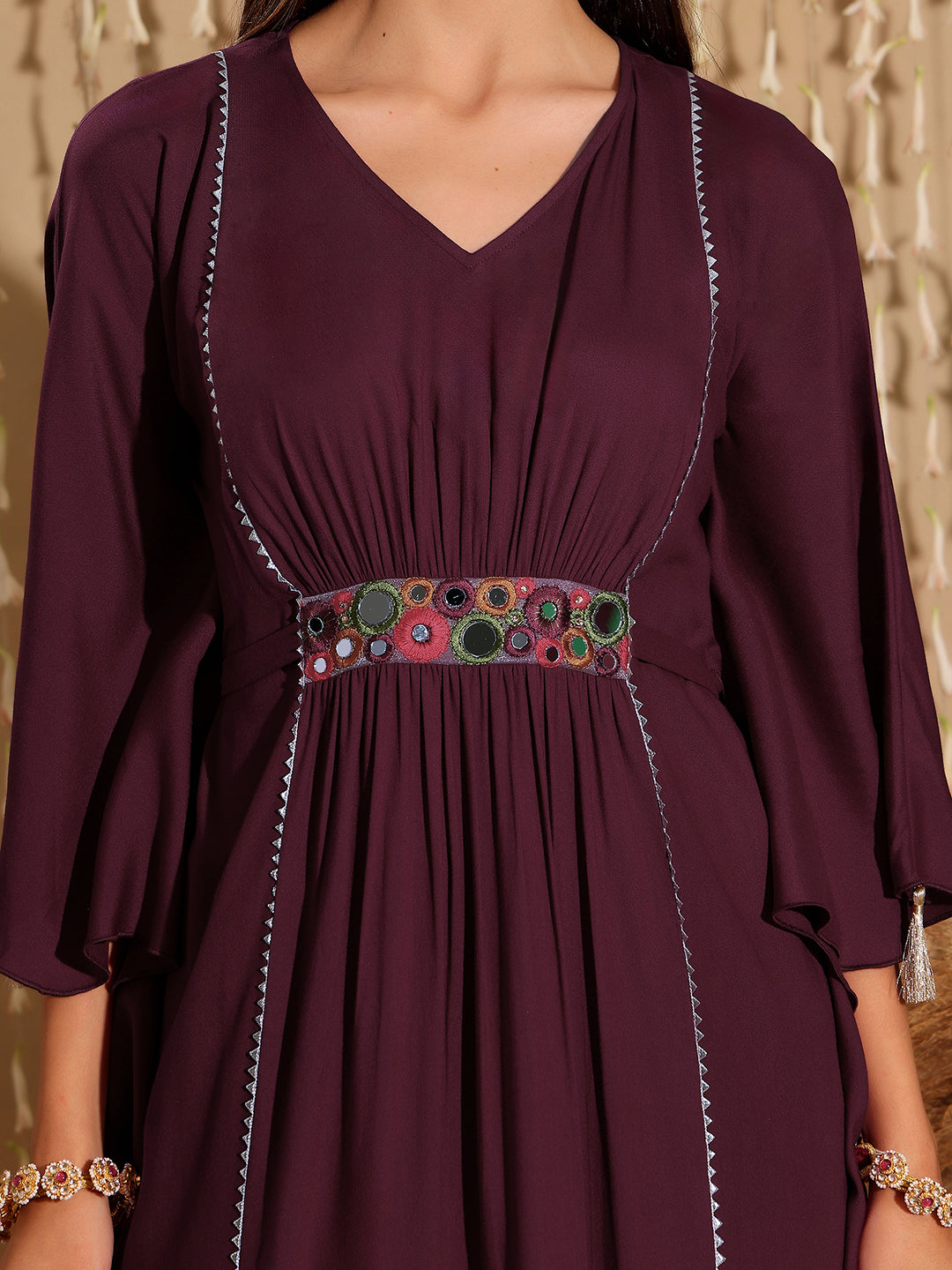 Women's Wine V-Neck 3/4 Sleeve Solid Viscose Rayon Maxi Kaftan Dress