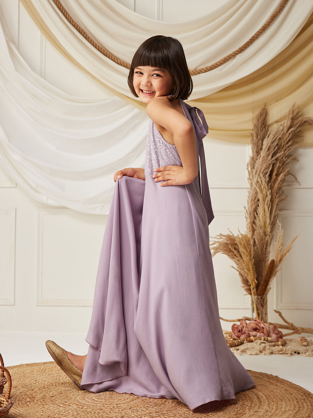 Lavender Halter-Neck Sleeveless Embellished Fit & Flare Viscose-Rayon Maxi Dress