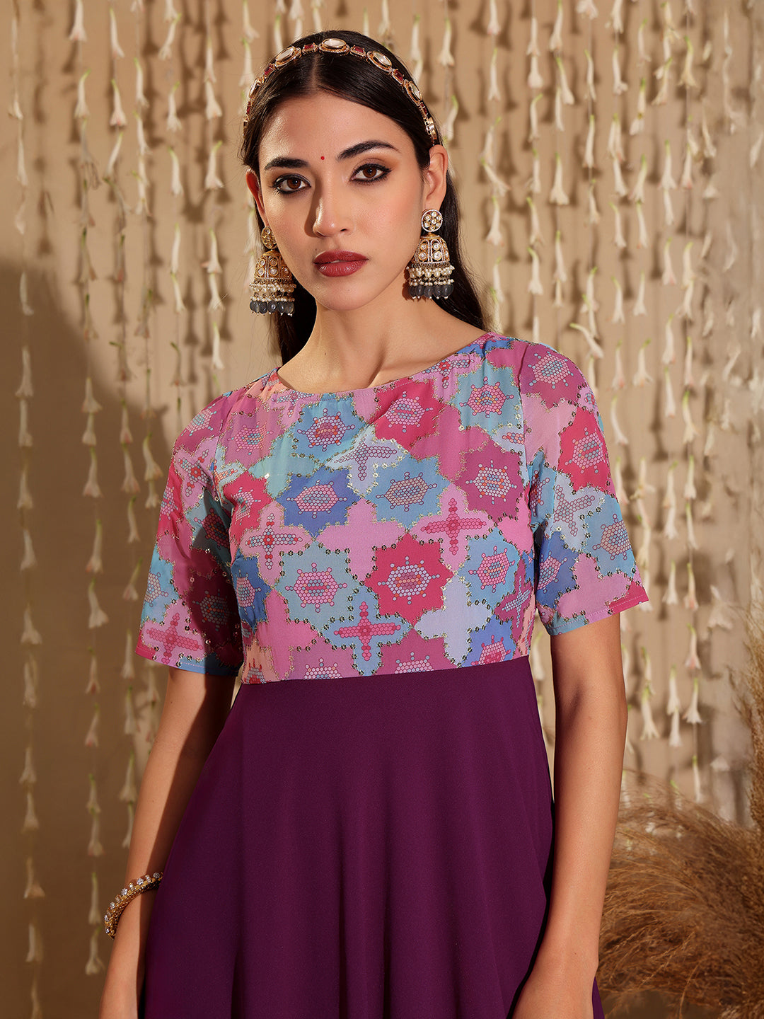 Women's Multicolored-Base-Dark Purple Boat Neck Half Sleeve Geometric Fit & Flare Georgette Maxi Dress