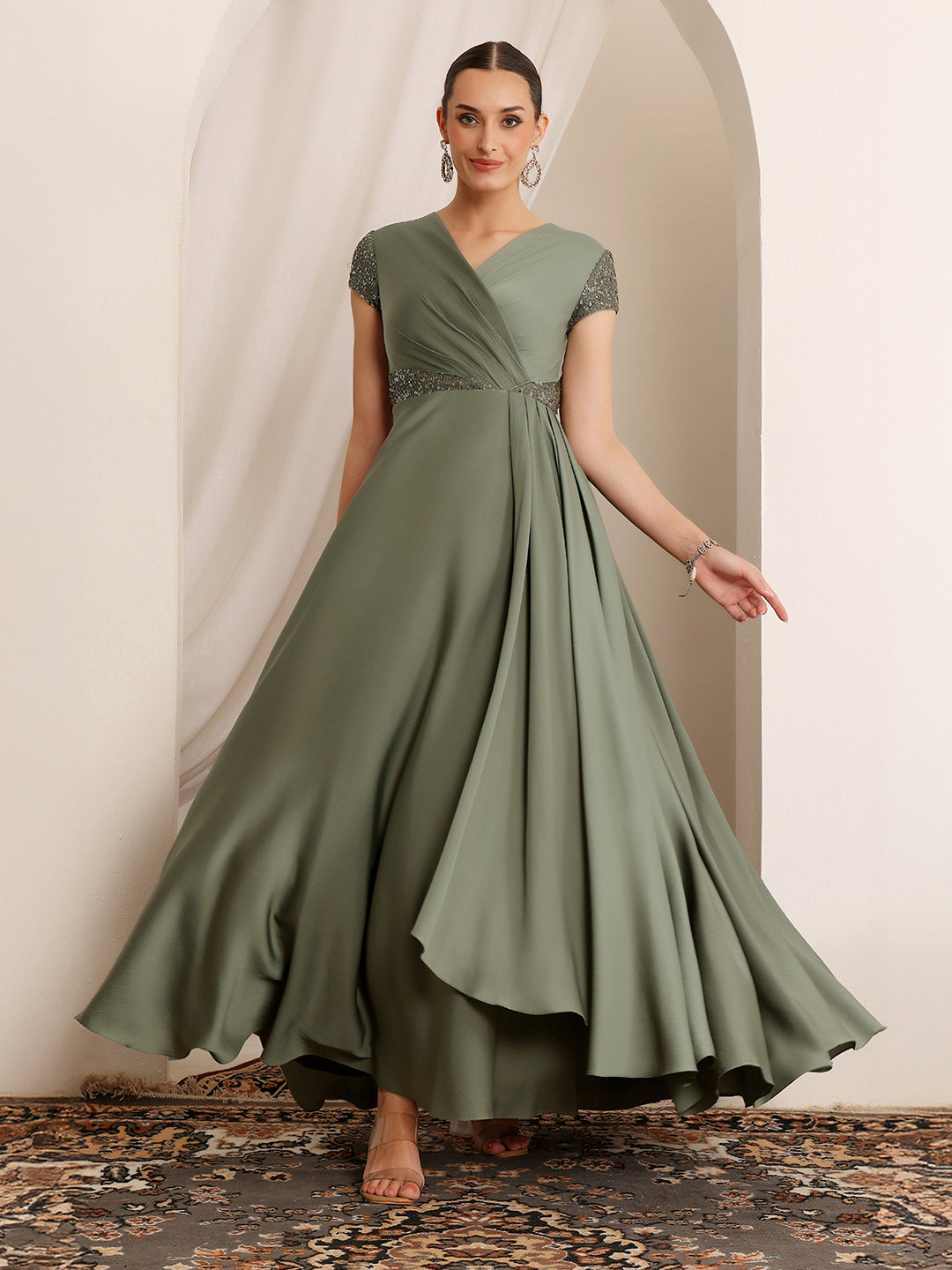 Women's Embellished Pale Olive Gown in Asymmetric Draped Premium Satin