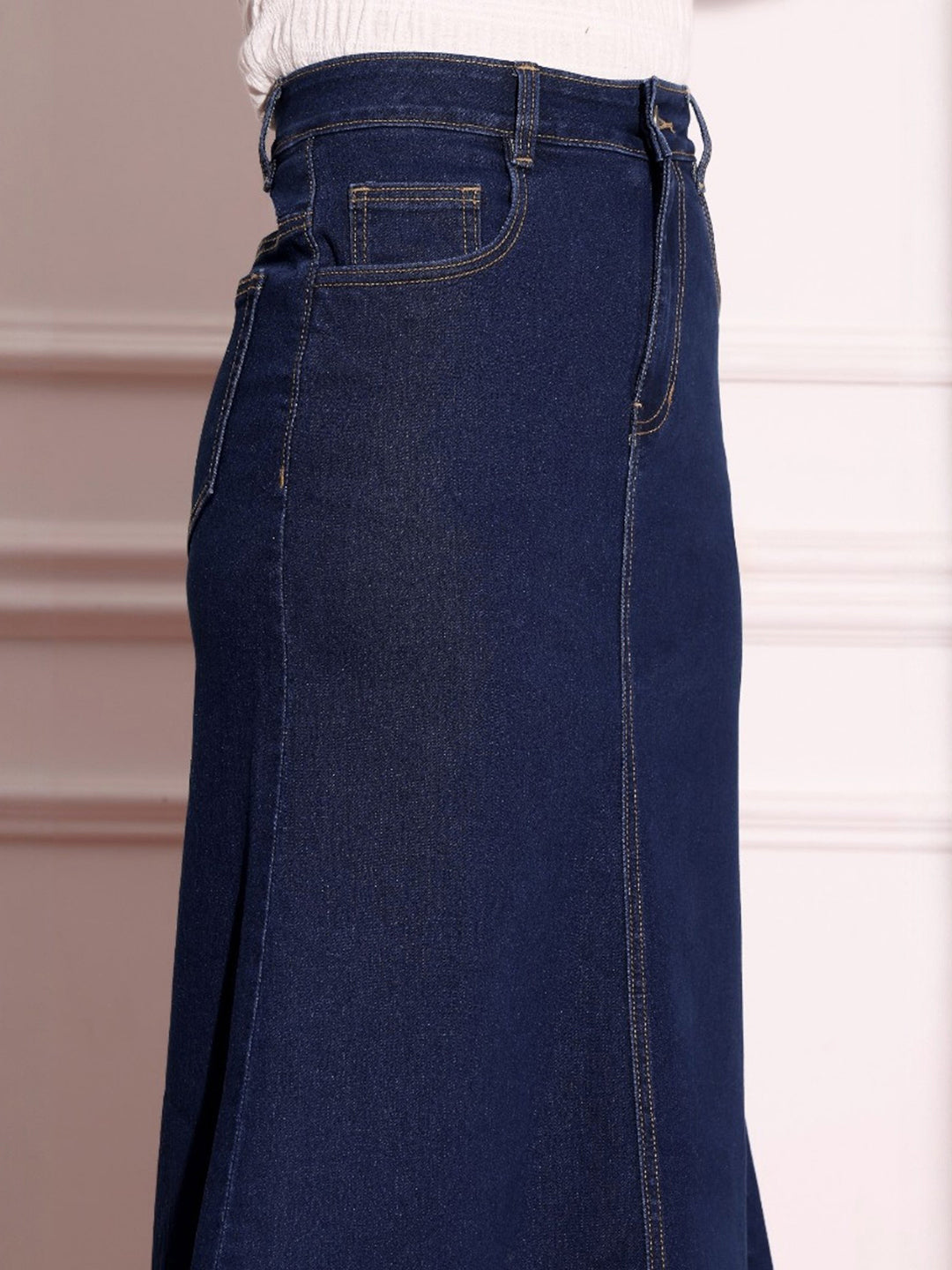 Women's Dark Blue Flared High-Rise Stretchable Denim Maxi Skirt