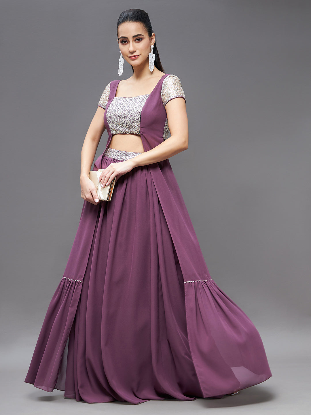 Women's Mauve Embellished Square Neck Short Sleeves Waist Band Pocketed Tiered Maxi Co-Ord Set.
