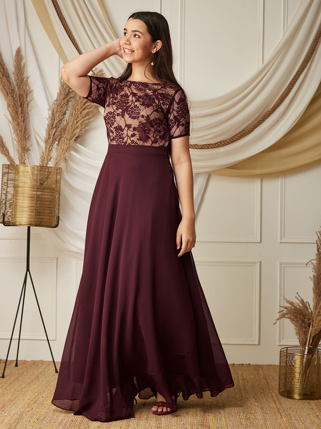 Wine & Beige Relaxed Fit  Georgette Maxi Dress
