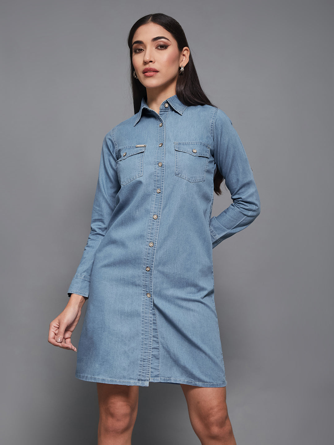 Women's Blue Polo Neck Rolled Up Full Sleeve Denim Solid Buttoned A-Line Mini Dress