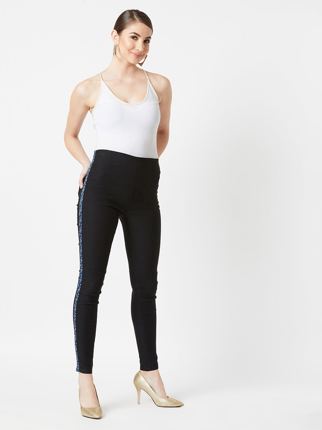 Women's Black Solid Skinny Twill Tape Detailing Regular High Waist Jeggings