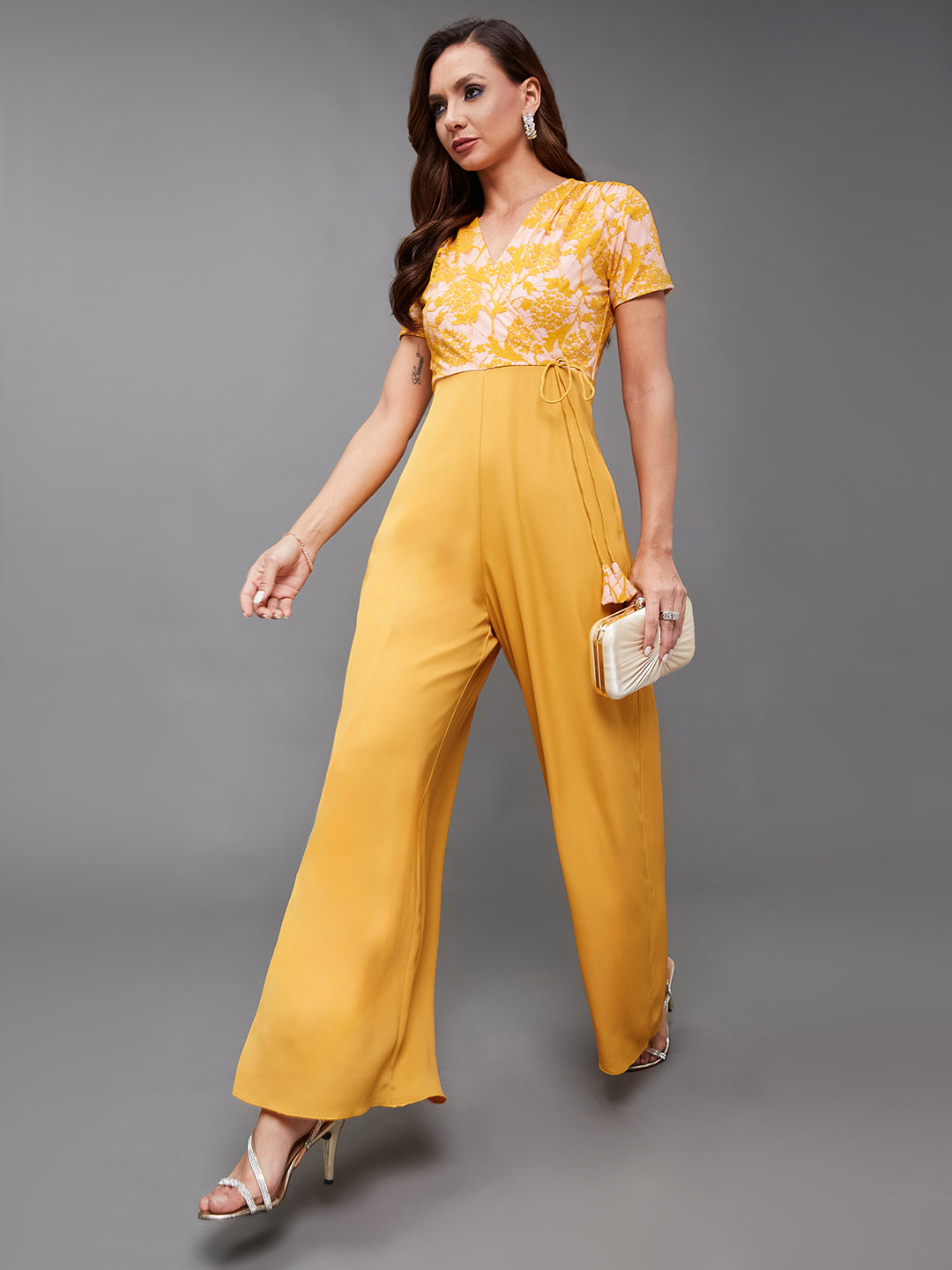 Women's Mustard V-Neck Half Sleeve Self-Designed Wrap Crepe Jumpsuit